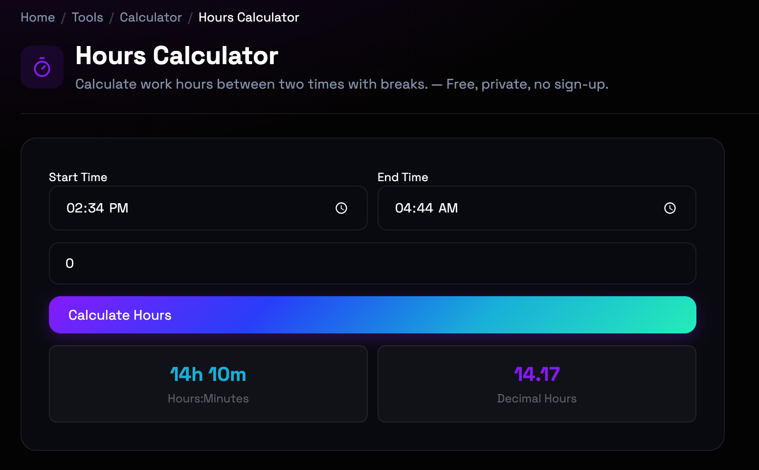 How to use Hours Calculator online — free, fast, and private